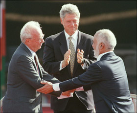 Late King Hussein and Itzhak Rabin after signing the Peace Declaration